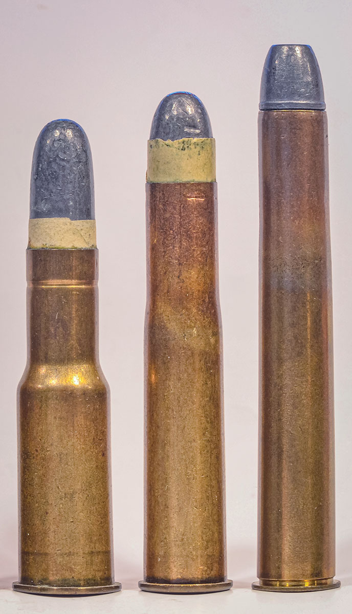 Alexander Henry’s 450 Express 3¼-inch (right) was too long for the Martini action adopted by the British Army in 1872, so they developed the 577/450 Martini-Henry (left). The 450 Express No. 1 (center) was one of many shorter .450s  developed for civilian use.